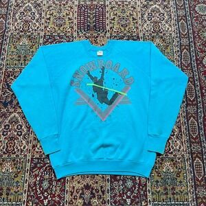 VTG 80s Snowboard Gran Prix aqua blue snow sports crewneck‎ sweatshirt XL USA